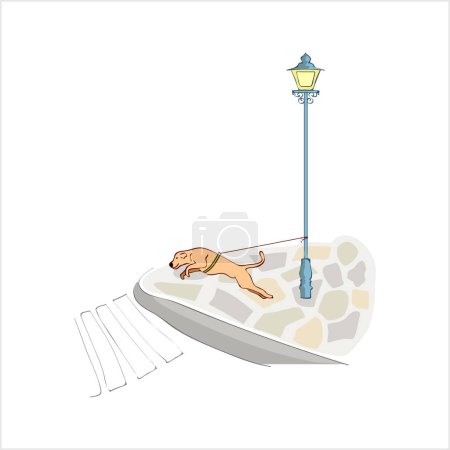 Téléchargez les illustrations : Chien sautant attaché au poteau de réverbère avec une laisse, Style de croquis de stylo d'encre, Saut de chien et étirement pleine longueur de laisse - en licence libre de droit