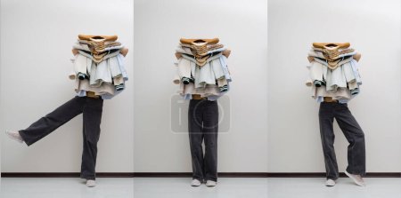 Woman holding pile of clothes. Minimal fashion faceless portrait collage.