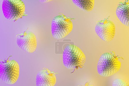Photo for Metallic glossy strawberries in neon pastel light levitation background. 3d rendering - Royalty Free Image