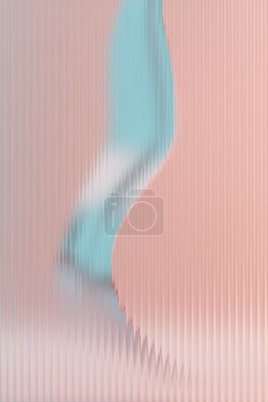 Glossy Shapes behind Fluted Glass pastel blue and Pink Background. 3d rendering