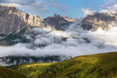 Photo for Panoramic view of the Sexten dolomites mountains or Dolomiti di Sesto from Carnian Alps mountains, Tre cime di Lavaredo or Drei zinnen,  Italy - Royalty Free Image