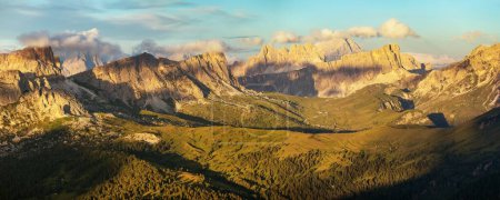 Passo Giau and mounts Cima Ambrizzola, Croda da Lago, Monte Antelao, evening view from Alps Dolomites mountains, Italy View from Col di Lana near Cortina d Ampezzo