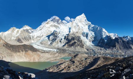 Panoramic view of mount Everest and mt. Nuptse, Khumbu valley and glacier, Sagarmatha national park, Nepal Himalayas mountains