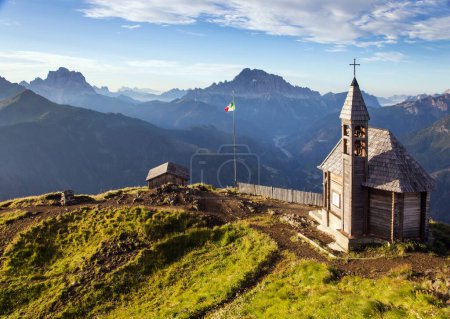 mountain top Col DI Lana with chapel and bivouac hut, Monte Pelmo and mount Civetta, one of the best view in Italian Dolomites
