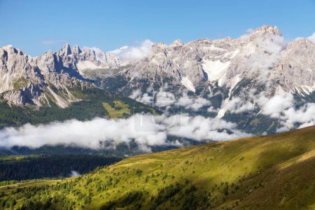 panoramic view of the Sexten dolomites mountains or Dolomiti di Sesto from Carnian Alps mountains, Italy
