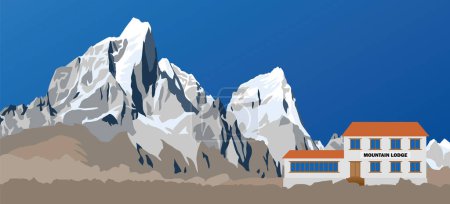Ilustración de Ilustración de monturas Pico de Cholatse y Tabuche visto desde el camino al campamento base del Monte Everest y la cabaña de montaña, Nepal Himalaya montañas vectores ilustración - Imagen libre de derechos