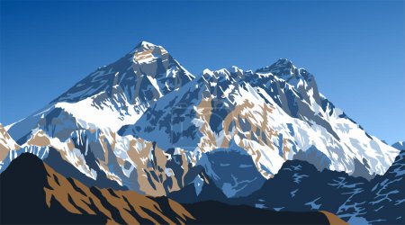 Monta el Everest, Lhotse y Nuptse desde el pico Gokyo, ilustración vectorial, valle de Khumbu, área del Everest, montañas Himalayas de Nepal