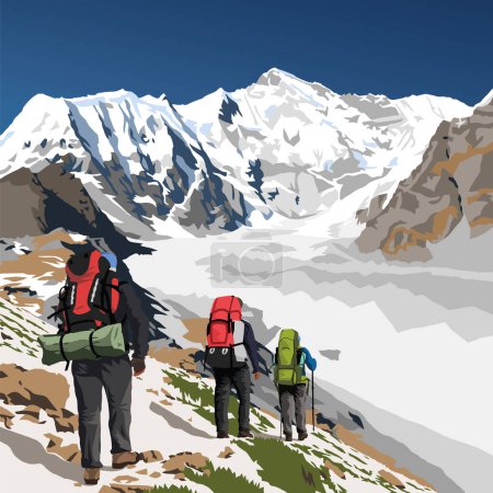Monte Cho Oyu y tres excursionistas con una gran mochila, ilustración vectorial, valle de Gokyo, valle de Khumbu, área del Everest, montañas himalayas de Nepal