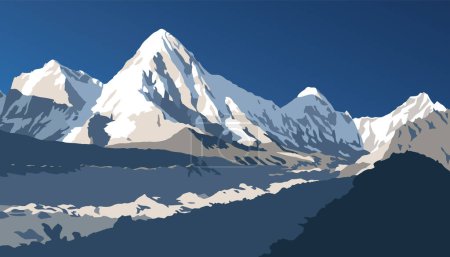 Glaciar Khumbu y Monte Pumori, ilustración vectorial, valle de Khumbu, parque nacional de Sagarmatha, montaña Nepal Himalaya