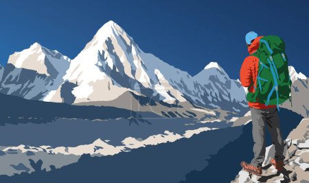 Glaciar Khumbu, pico del Monte Pumori y excursionista en el camino al campamento base del Monte Everest, ilustración vectorial, valle de Khumbu, parque nacional de Sagarmatha, montañas del Himalaya de Nepal