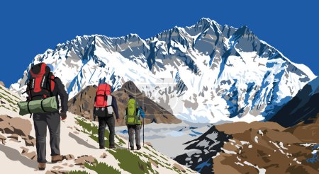 Monte Lhotse cara de roca sur y tres excursionistas, ilustración vectorial, valle de Khumbu, área del Everest, montañas Himalayas Nepal