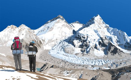 monte Everest Lhotse y Nuptse desde el lado de Nepal visto desde el campamento base de Pumori con dos excursionistas, ilustración vectorial, monte Everest 8,848 m, valle de Khumbu, parque nacional de Sagarmatha, montaña del Himalaya de Nepal