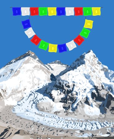 monte Everest Lhotse y Nuptse desde el lado de Nepal visto desde el campamento base de Pumori con banderas de oración, ilustración vectorial, monte Everest 8,848 m, valle de Khumbu, parque nacional de Sagarmatha, Nepal Himalaya