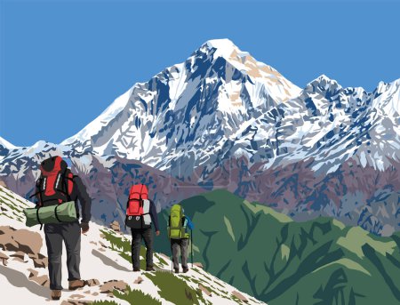 Monte Dhaulagiri pico visto desde el paso Jaljala y tres excursionistas vector ilustración, Nepal Himalayas montañas
