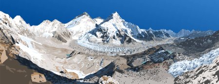 Ilustración de Monte Everest Lhotse y Nuptse desde el lado de Nepal como se ve desde el campamento base de Pumori, ilustración vectorial, monte Everest 8,848 m, valle de Khumbu, parque nacional de Sagarmatha, Nepal montaña del Himalaya - Imagen libre de derechos
