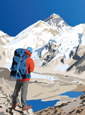Ilustración de Monte Everest desde el lado de Nepal visto desde el pico de Kala Patthar con excursionista, ilustración vectorial, monte Everest 8,848 m, valle de Khumbu, parque nacional de Sagarmatha, montaña del Himalaya de Nepal - Imagen libre de derechos