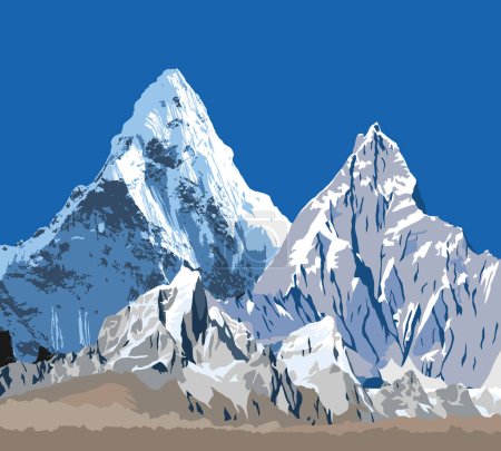 Gran cordillera del Himalaya, ilustración vectorial de montañas del Himalaya, nevada montaña de color blanco y azul