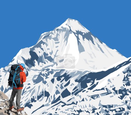 Monte Dhaulagiri pico como se ve cerca de Thorung La paso y excursionista, Monte Annapurna circuito sendero de trekking, ilustración de vectores, Nepal Himalaya montañas