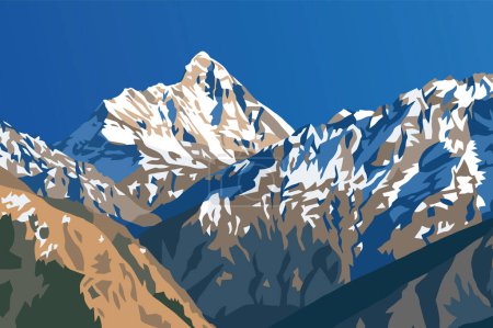 mount Nanda Devi vector illustration, one of the best mounts in Indian Himalaya, seen from Joshimath Auli,  Uttarakhand, India, Indian Himalaya mountain