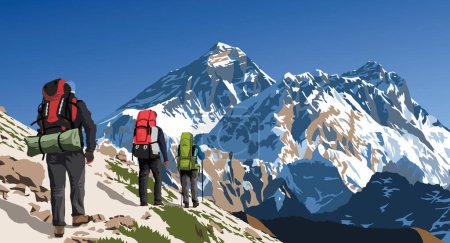 Ilustración de Monte Everest y Lhotse visto desde el valle de Gokyo con tres excursionistas, ilustración vectorial, monte Everest 8,848 m, valle de Khumbu, Nepal Himalayas montañas - Imagen libre de derechos