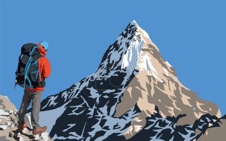 Ilustración de vectores de montaña, montañas del Himalaya, hermoso pico, monte Everest con excursionista
