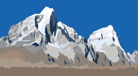 Illustration du sommet des monts Cholatse et Tabuche vue du chemin jusqu'au camp de base du mont Everest, Népal Illustration vectorielle des montagnes de l'Himalaya