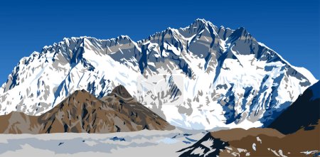 Mount Lhotse south rock face and glacier, vector illustration, Khumbu valley, Everest area, Nepal himalayas mountains
