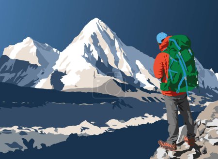Khumbu glacier, Mount Pumori peak and hiker on the way to Mt Everest base camp, vector illustration, Khumbu valley, Sagarmatha national park, Nepal Himalayas mountains