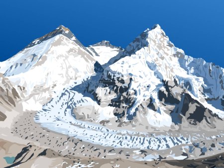 Ilustración de Monte Everest Lhotse y Nuptse desde el lado de Nepal como se ve desde el campamento base de Pumori, ilustración vectorial, monte Everest 8,848 m, valle de Khumbu, parque nacional de Sagarmatha, Nepal montaña del Himalaya - Imagen libre de derechos