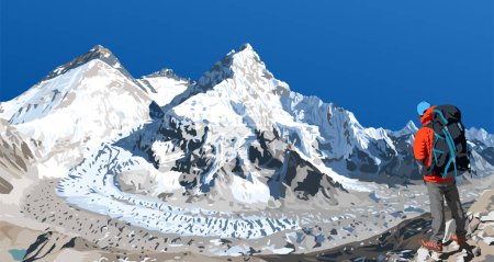 Ilustración de Monte Everest Lhotse y Nuptse desde el lado de Nepal visto desde el campamento base de Pumori con excursionista, ilustración vectorial, monte Everest 8,848 m, valle de Khumbu, parque nacional de Sagarmatha, montaña del Himalaya de Nepal - Imagen libre de derechos