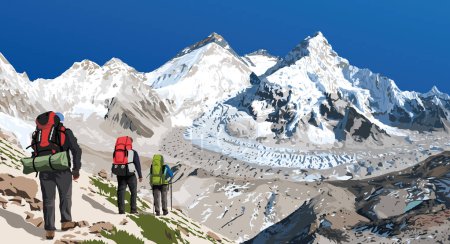 monte Everest Lhotse y Nuptse desde el lado de Nepal como se ve desde el campamento base de Pumori con tres excursionistas, ilustración vectorial, monte Everest 8,848 m, valle de Khumbu, Nepal montañas del Himalaya