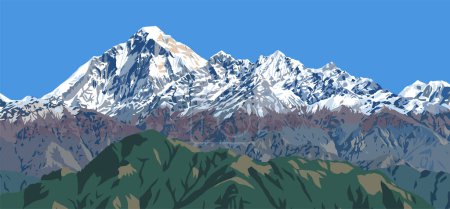 Monte Dhaulagiri pico visto desde Jaljala paso vector ilustración, Nepal Himalaya montañas