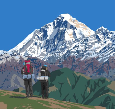 Monte Dhaulagiri pico de Jaljala pasar y dos excursionistas con grandes mochilas vector ilustración, Nepal Himalaya montañas