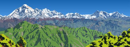 Monte Dhaulagiri y monte Annapurna picos como se ve desde Jaljala paso vector ilustración, Nepal Himalaya montañas