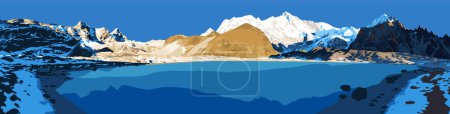 Mount Cho Oyu spiegelt sich auf der Oberfläche des Sees, Cho Oyu Basislager, Morgenblick, Vektorillustration, Gokyo-Tal, Khumbu-Tal, Everest-Gebiet, Sagarmatha-Nationalpark, Himalaya-Gebirge Nepals