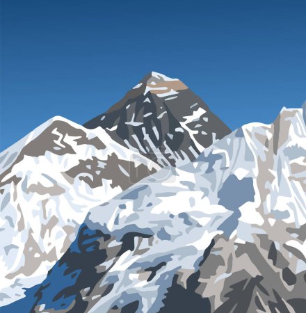 mount Everest mountain top from Nepal side as seen from Kala Patthar peak, vector illustration, Mt Everest 8,848 m summit, Khumbu valley, Sagarmatha national park, Nepal Himalayas mountains