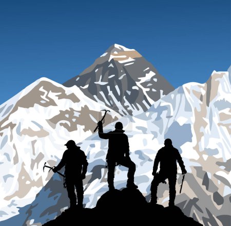 monta el Everest y Nuptse desde el lado de Nepal como se ve desde el pico Kala Patthar con silueta negra de tres escaladores con hacha de hielo en la mano, ilustración vectorial, montaña Nepal Himalaya