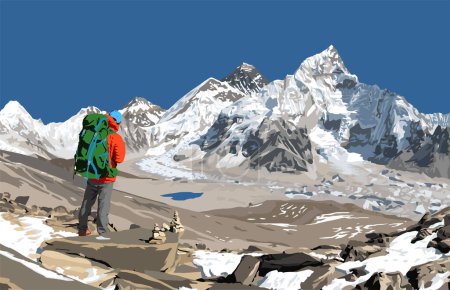 mount Everest from Nepal side as seen from Kala Patthar peak with hiker, vector illustration, Mt Everest 8,848 m, Khumbu valley, Sagarmatha national park, Nepal Himalaya mountain