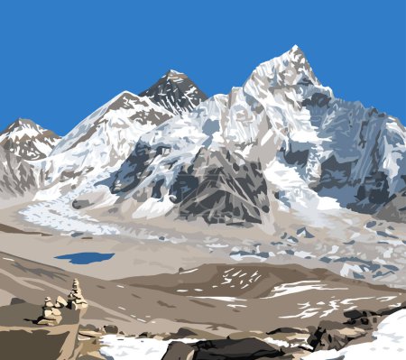 Monte Everest y Nuptse desde el lado de Nepal como se ve desde el pico de Kala Patthar con pirámide de piedra, ilustración vectorial, monte Everest 8,848 m, valle de Khumbu, parque nacional de Sagarmatha, montañas del Himalaya de Nepal