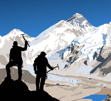monta el Everest y Nuptse desde el lado de Nepal como se ve desde el pico Kala Patthar con silueta negra de dos escaladores con hacha de hielo en la mano, ilustración vectorial, montaña Nepal Himalaya