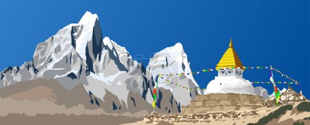 Estupa budista con banderas de oración y monturas Cholatse y pico Tabuche, el camino al campamento base del Monte Everest, Nepal Himalaya montañas vectores ilustración