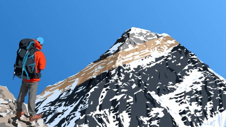 monte Everest visto desde el valle de Gokyo con excursionista, ilustración vectorial, monte Everest 8,848 m, valle de Khumbu, Nepal Himalayas montañas