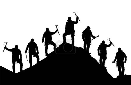 silhouette of seven climbers with ice axe in hand on top of Mount Everest silhouette, black and white mountain vector illustration logo
