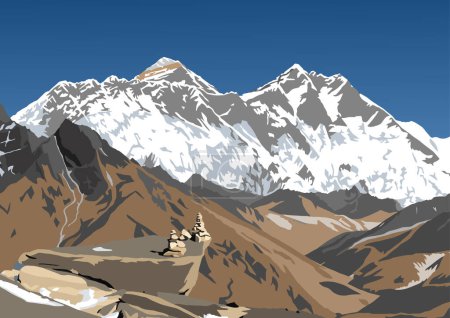 Mount Lhotse and Nuptse south rock face and top of Mt Everest peak, vector illustration, Khumbu valley, Everest area, Nepal himalayas mountains