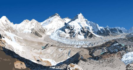 monte Everest Lhotse y Nuptse desde el lado de Nepal como se ve desde el campamento base de Pumori, ilustración vectorial, monte Everest 8,848 m, valle de Khumbu, parque nacional de Sagarmatha, Nepal montaña del Himalaya