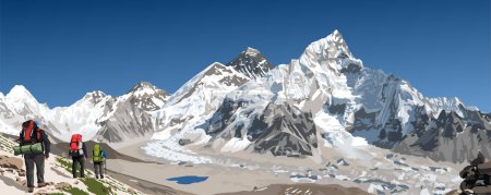 mount Everest and Nuptse as seen from Kala Patthar with three hikers, vector illustration, Mt Everest 8,848 m, Khumbu valley, Nepal Himalayas mountains