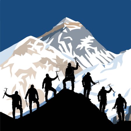 silhouette of seven climbers with ice axe in hand on top of Mount Everest silhouette, mountain vector illustration logo