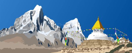 Illustration for Buddhist stupa with prayer flags and mounts Cholatse and Tabuche peak, the way to Mount Everest base camp, Nepal Himalayas mountains vectors illustration - Royalty Free Image