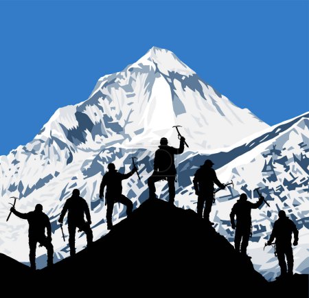 Silhouette von sieben Bergsteigern mit Eispickel in der Hand auf der Silhouette des Mount Everest und Berg Dhaulagiri im Hintergrund, Bergvektorillustration Logo