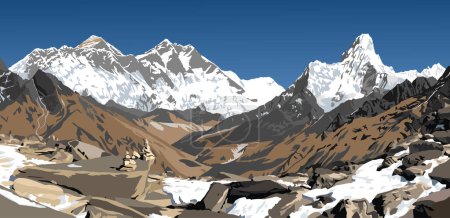 Mount Lhotse und Nuptse Südwand, Gipfel des Mount Everest und Ama Dablam, Vektorillustration, Khumbu Tal, Everest Gebiet, Nepal Himalaya Berge